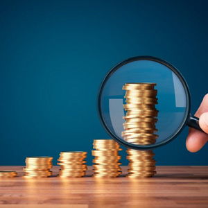 Stacks of coins examined with magnifying glass