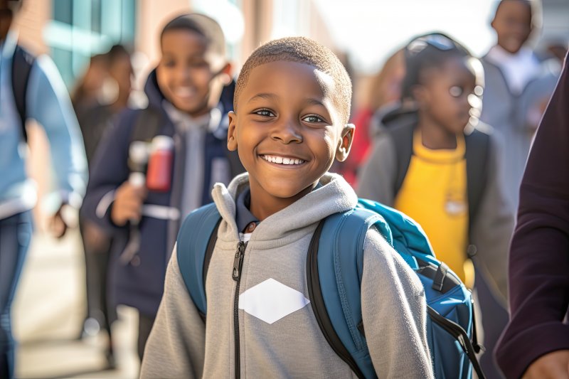 Boy wearing hoodie and backpack smiling with peers behind him